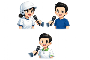 ヒーローインタビューを受ける男性選手のイラスト（無料）｜スポーツ・メディア素材