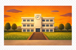 夕焼けの学校イラスト｜背景・青春素材（無料・透過PNG）
