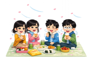 お花見を楽しむ若者のイラスト｜春イベント素材（透過PNG・商用OK）