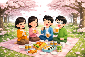 お花見を楽しむ若者のイラスト｜春イベント素材（透過PNG・商用OK）
