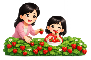 いちご狩りのイラスト｜春・レジャー素材（無料ダウンロード・商用OK）