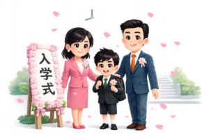 家族で入学式を迎える男の子のイラスト｜春・学校素材（無料・透過PNG）