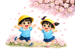 桜の下で遊ぶ幼稚園児のイラスト｜春・子供素材（商用利用OK・フリー素材）