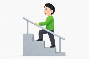 手すりを持って階段を上る男性のイラスト（無料）｜移動・安全シーンに使える素材