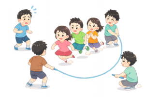 大縄跳びのタイミングがつかめず入れない男の子のイラスト｜体育・学校生活素材（無料・透過PNG・商用OK）