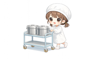 給食の食缶が乗ったカートを押す給食当番の女子生徒のイラスト｜学校生活素材（無料・透過PNG・商用OK）