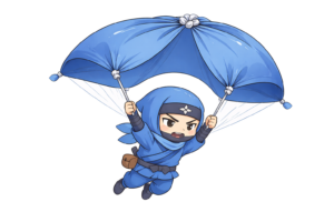 風呂敷で空から舞い降りる忍者のイラスト｜空中移動アクション素材（透過PNG・商用OK）
