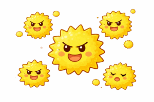 飛び散る花粉キャラクターのイラスト｜黄砂・ほこり表現素材（透過PNG・商用OK）