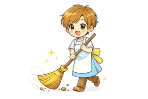 ほうきで掃き掃除をする女性のイラスト｜エプロン姿の家事素材（透過PNG・商用OK）