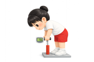 背筋力計で測定する女の子のイラスト｜体力測定シーン素材（透過PNG・商用OK）
