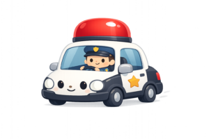 パトカーキャラクターのイラスト｜赤色灯付き警察車両のかわいい素材（透過PNG・商用OK）