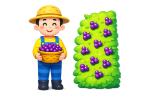 ブルーベリーを山盛り持つ農家の男性のイラスト｜果物収穫・農業人物素材（透過PNG・商用OK）