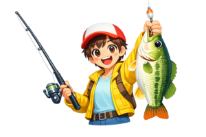 大きな魚を釣り上げて喜ぶ男性釣り人のイラスト｜釣り・アウトドア人物素材（透過PNG・商用OK）