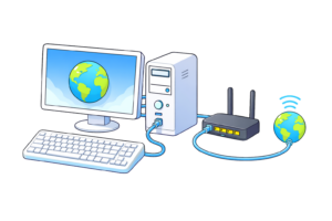 有線接続されたコンピューターのネットワーク構成イラスト｜ルーター・モデム接続素材（透過PNG・商用OK）