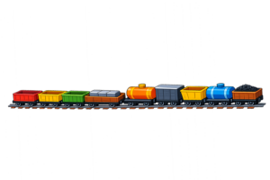 トロッコ列車トロッコ（貨車）が横に連なって走る様子を表現したライン装飾のイラスト素材です。鉄道テーマのデザインや子ども向け資料、チラシや見出し装飾などに使いやすい便利な無料ライン素材です🚃📏のイラスト｜貨車が連なる装飾用の無料素材（透過PNG・商用OK）