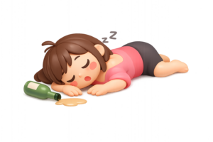 酔って寝てしまった女性のイラスト｜飲みすぎ注意の表現に使える無料素材（透過PNG・商用OK）