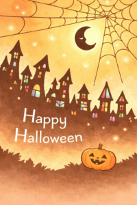 ハロウィンのおしゃれなポストカードイラスト｜秋の絵葉書デザイン素材（透過PNG・商用OK）🎃