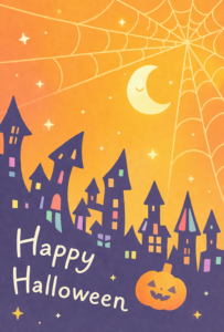 ハロウィンのおしゃれなポストカードイラスト｜秋の絵葉書デザイン素材（透過PNG・商用OK）🎃