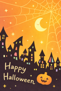ハロウィンのおしゃれなポストカードイラスト｜秋の絵葉書デザイン素材（透過PNG・商用OK）🎃