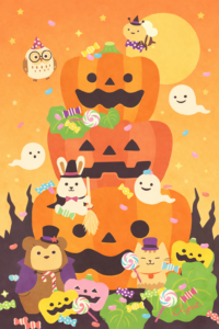 ハロウィンのおしゃれなポストカードイラスト｜秋の絵葉書デザイン素材（透過PNG・商用OK）🎃