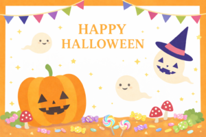 ハロウィンのおしゃれなポストカードイラスト｜秋の絵葉書デザイン素材（透過PNG・商用OK）🎃