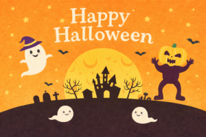 ハロウィンのおしゃれなポストカードイラスト｜秋の絵葉書デザイン素材（透過PNG・商用OK）🎃