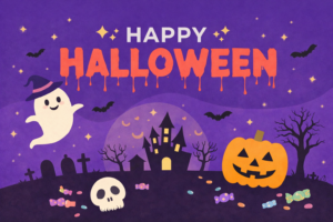 ハロウィンのおしゃれなポストカードイラスト｜秋の絵葉書デザイン素材（透過PNG・商用OK）🎃
