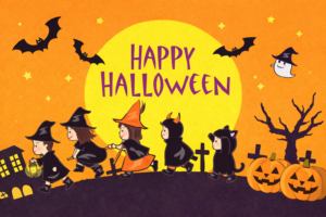 ハロウィンのおしゃれなポストカードイラスト｜秋の絵葉書デザイン素材（透過PNG・商用OK）🎃