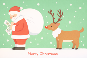 サンタクロースとトナカイのクリスマスポストカードテンプレート｜冬のメッセージカード素材（透過PNG・商用OK）🎅🦌