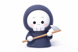 鎌を持った死神キャラクターのイラスト｜かわいい骸骨・ハロウィン素材（透過PNG・商用利用可）