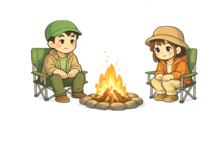焚き火を静かに眺めるキャンプ中の男女のイラスト｜アウトドア・無料素材（透過PNG・商用OK）