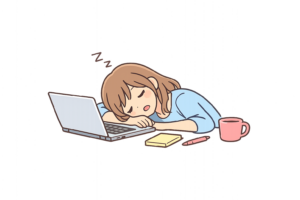 パソコン作業中に寝てしまった女性のイラスト｜仕事疲れを表す人物素材（透過PNG・商用利用OK）