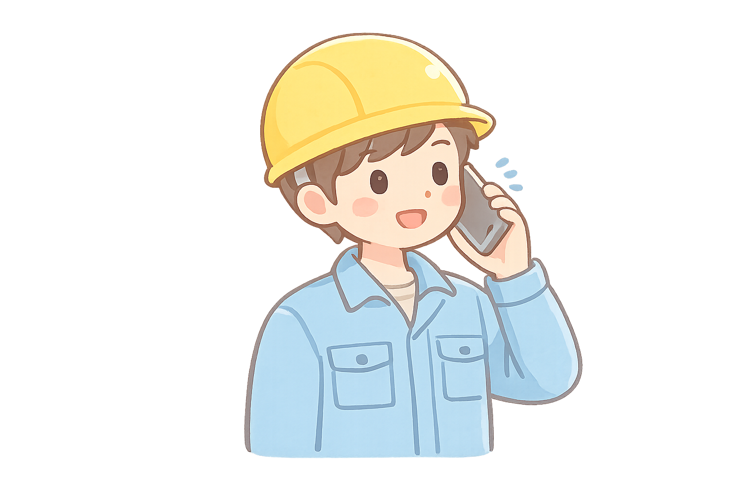 作業服でスマホ通話をする男性のイラスト｜現場連絡のビジネス人物素材（透過PNG・商用利用OK）