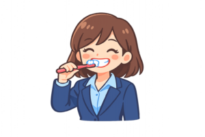 笑顔で歯みがきをする女性ビジネスパーソンのイラスト｜口腔ケアの人物素材（透過PNG・商用利用OK）