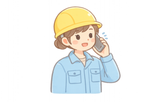 作業服でスマホ通話をする女性のイラスト｜現場連絡のビジネス人物素材（透過PNG・商用利用OK）