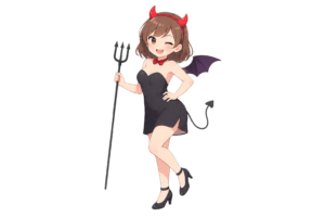 小悪魔コスプレの女性キャラクターイラスト｜ハロウィン仮装の人物素材（透過PNG・商用利用OK）