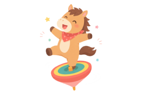 独楽に乗って遊ぶ馬キャラクターのイラスト｜正月向けかわいい和風素材（透過PNG・商用利用OK）