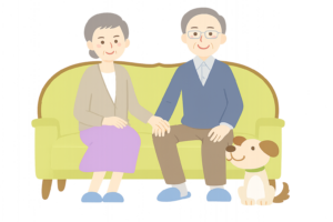 ソファーに座る老夫婦の敬老の日イラスト｜くつろぐ高齢夫婦の無料素材（透過PNG・商用利用OK）👴👵🍁