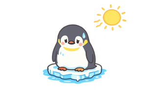 地球温暖化で住む場所が減り困るペンギンのイラスト｜環境問題を伝える無料素材（透過PNG・商用OK）