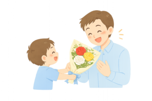 父の日に赤・白・黄色のバラの花束を受け取る父親のイラスト｜感謝を伝える家族イベントの無料素材（透過PNG・商用OK）