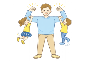 力持ちのお父さんに持ち上げられて遊ぶ男の子と女の子のイラスト｜仲の良い家族の親子シーン無料素材（透過PNG・商用OK）