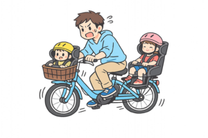 チャイルドシート付き3人乗り自転車を運転する父親のイラスト｜子育て家族の移動シーン無料素材（透過PNG・商用OK）