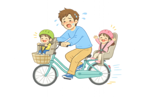 チャイルドシート付き3人乗り自転車を運転する父親のイラスト｜子育て家族の移動シーン無料素材（透過PNG・商用OK）