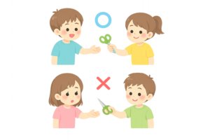はさみの安全な渡し方と危険な渡し方の比較イラスト｜生活安全を学べる無料素材（透過PNG・商用OK）