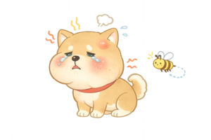 蜂に刺されて顔が腫れた犬のイラスト｜ペットの注意喚起に使える無料素材（透過PNG・商用OK）