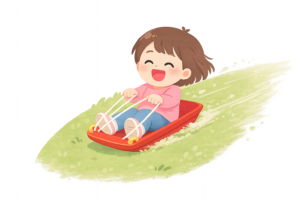 そりに乗って土手を滑り降りる女の子のイラスト｜元気な外遊びシーンの無料素材（透過PNG・商用OK）