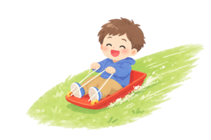 そりに乗って土手を滑り降りる男の子のイラスト｜元気な外遊びシーンの無料素材（透過PNG・商用OK）