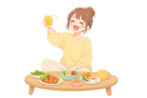 自宅で楽しく宅飲みをする女性のイラスト｜リラックスした飲み会シーンの無料素材（透過PNG・商用OK）