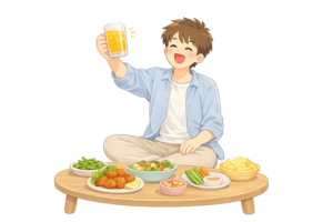 自宅で楽しく宅飲みをする男性のイラスト｜リラックスした飲み会シーンの無料素材（透過PNG・商用OK）