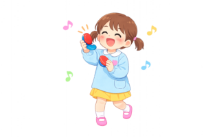 音楽に合わせてカスタネットを叩く幼稚園児の女の子のイラスト｜リズム遊びの無料素材（透過PNG・商用OK）